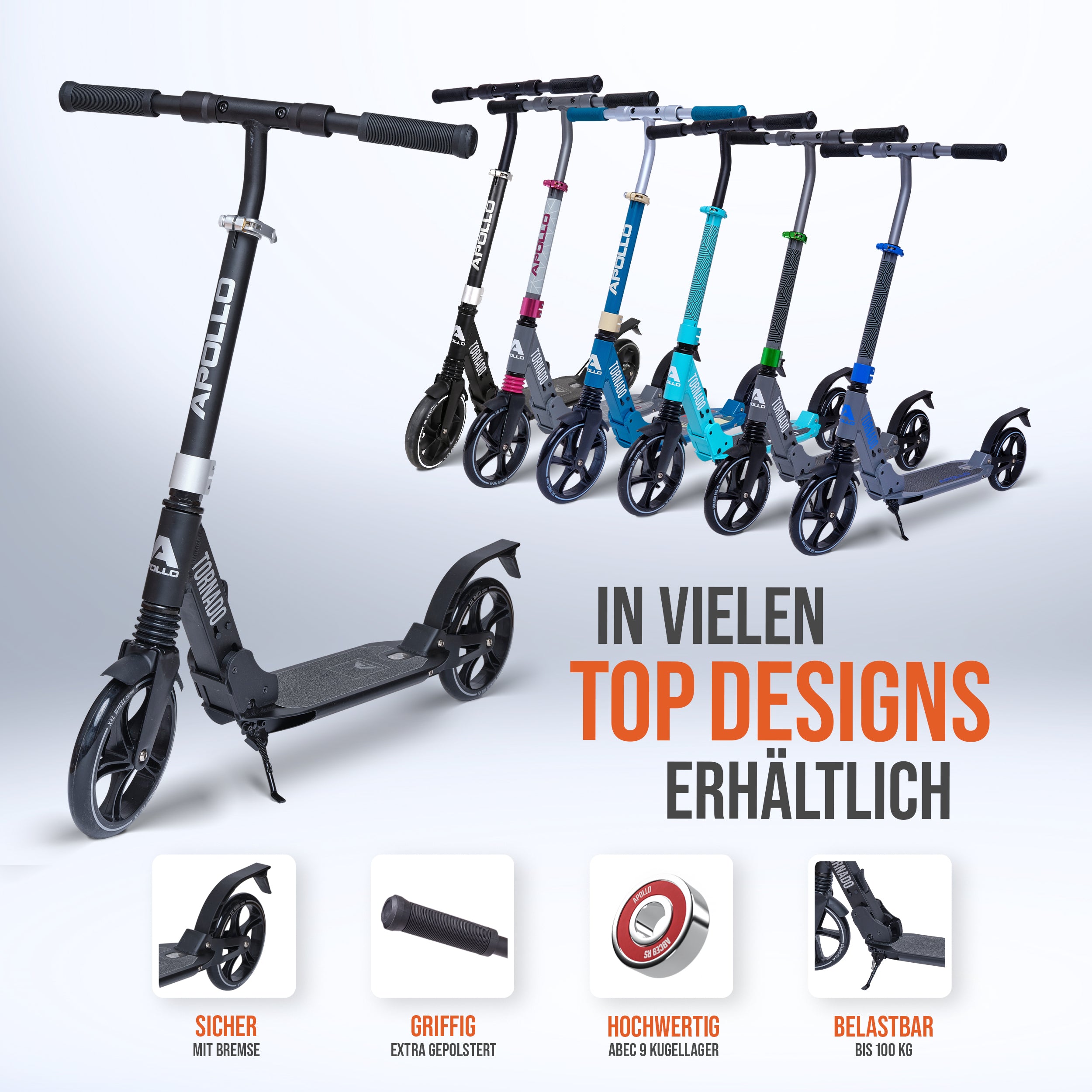 Apollo - High End Scooter Erwachsene - "Tornado 2.0" Cityroller Kinder ab 7 Jahre - Schwarz Silber