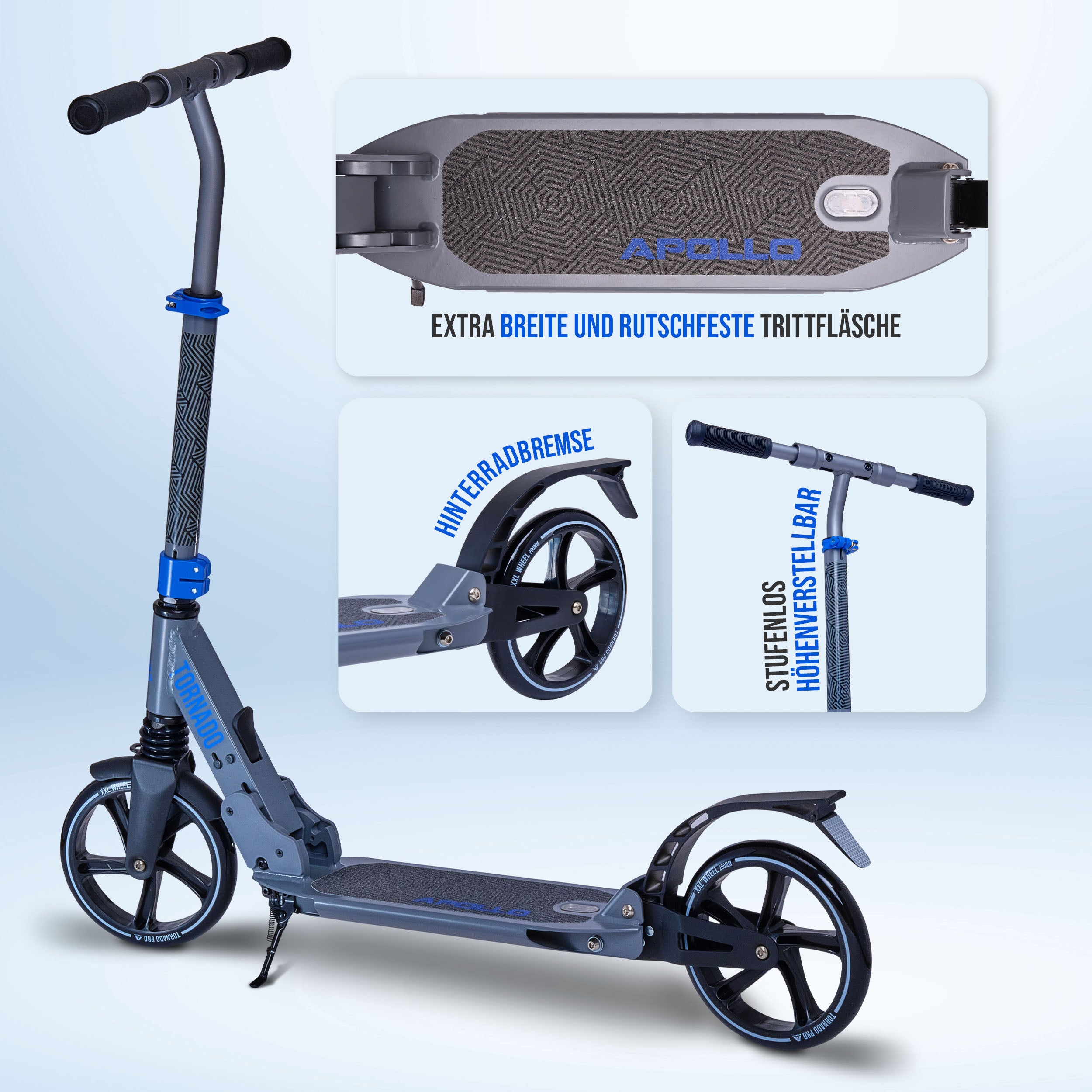 Apollo - High End Scooter Erwachsene - "Tornado 2.0" Cityroller Kinder ab 7 Jahre - Grau Blau