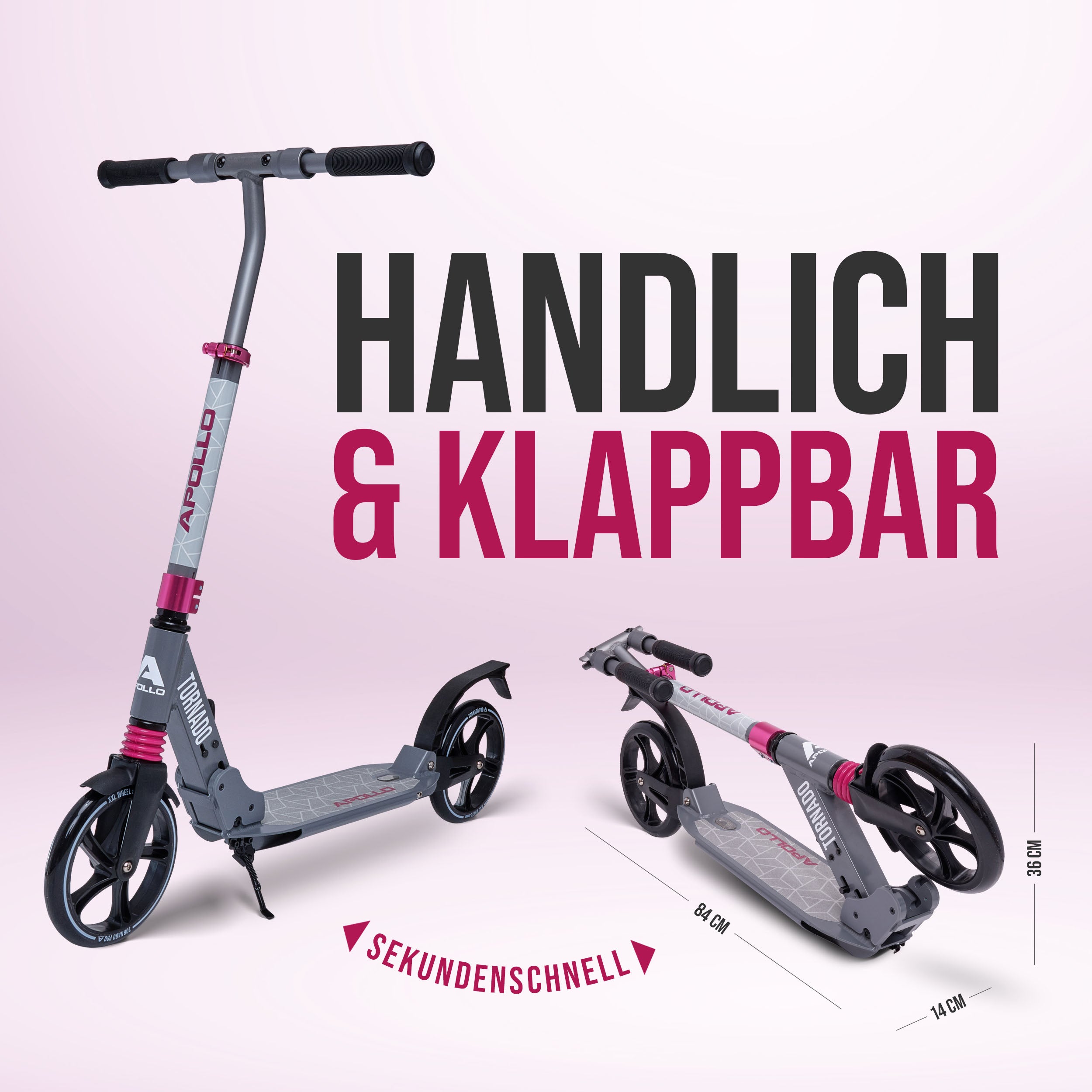 Apollo - High End Scooter Erwachsene - "Tornado 2.0" Cityroller Kinder ab 7 Jahre - Grau Pink