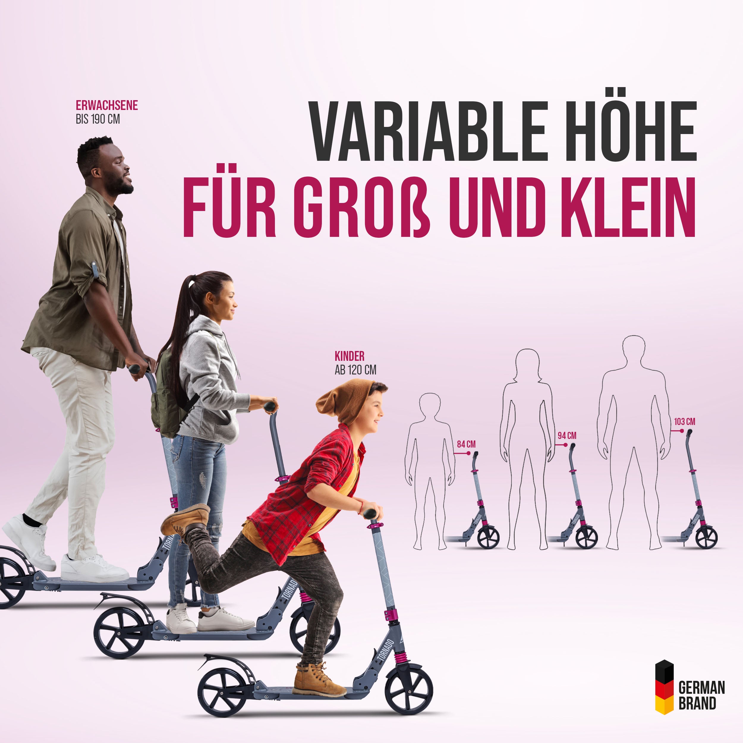 Apollo - High End Scooter Erwachsene - "Tornado 2.0" Cityroller Kinder ab 7 Jahre - Grau Pink