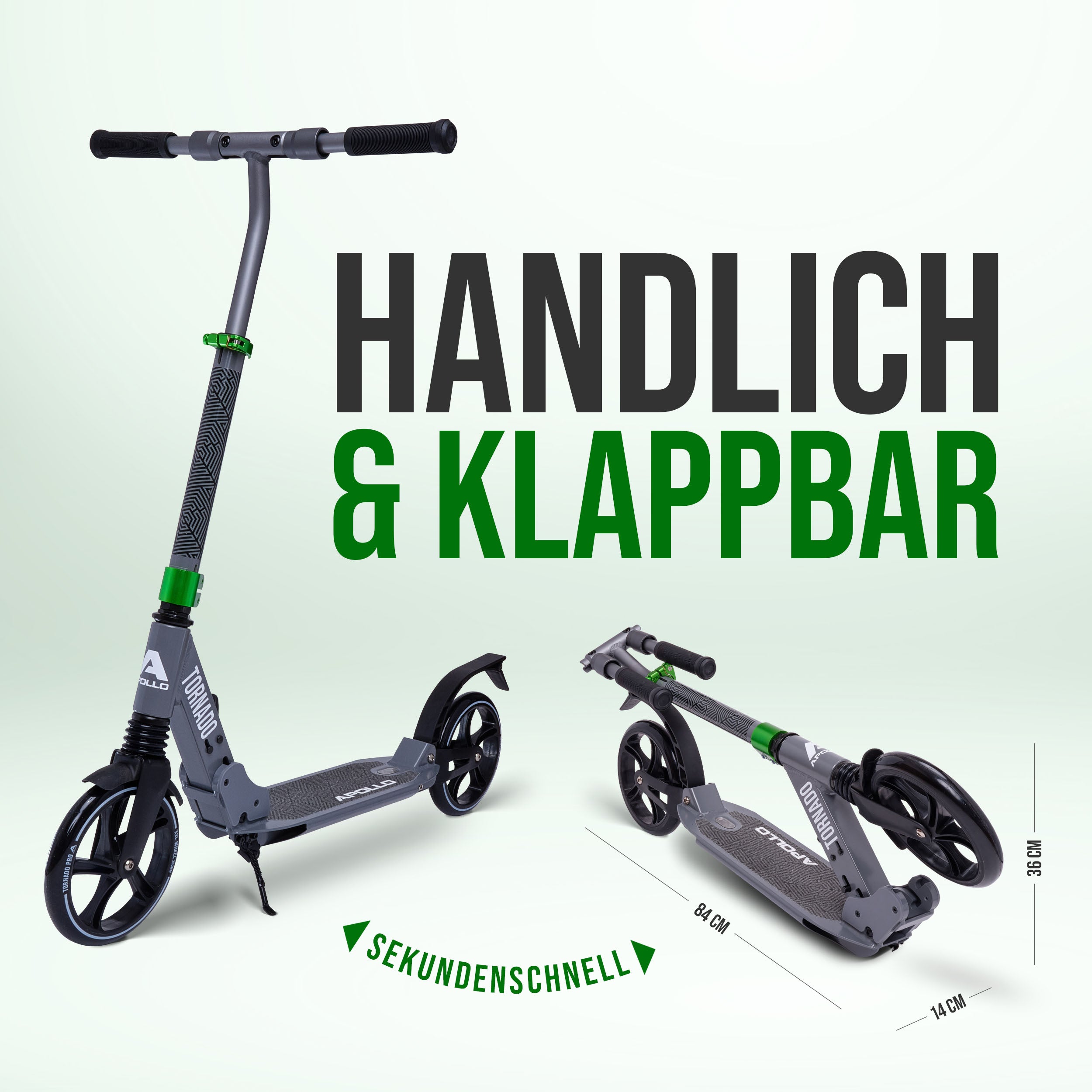 Apollo - High End Scooter Erwachsene - "Tornado 2.0" Cityroller Kinder ab 7 Jahre - Grau Grün