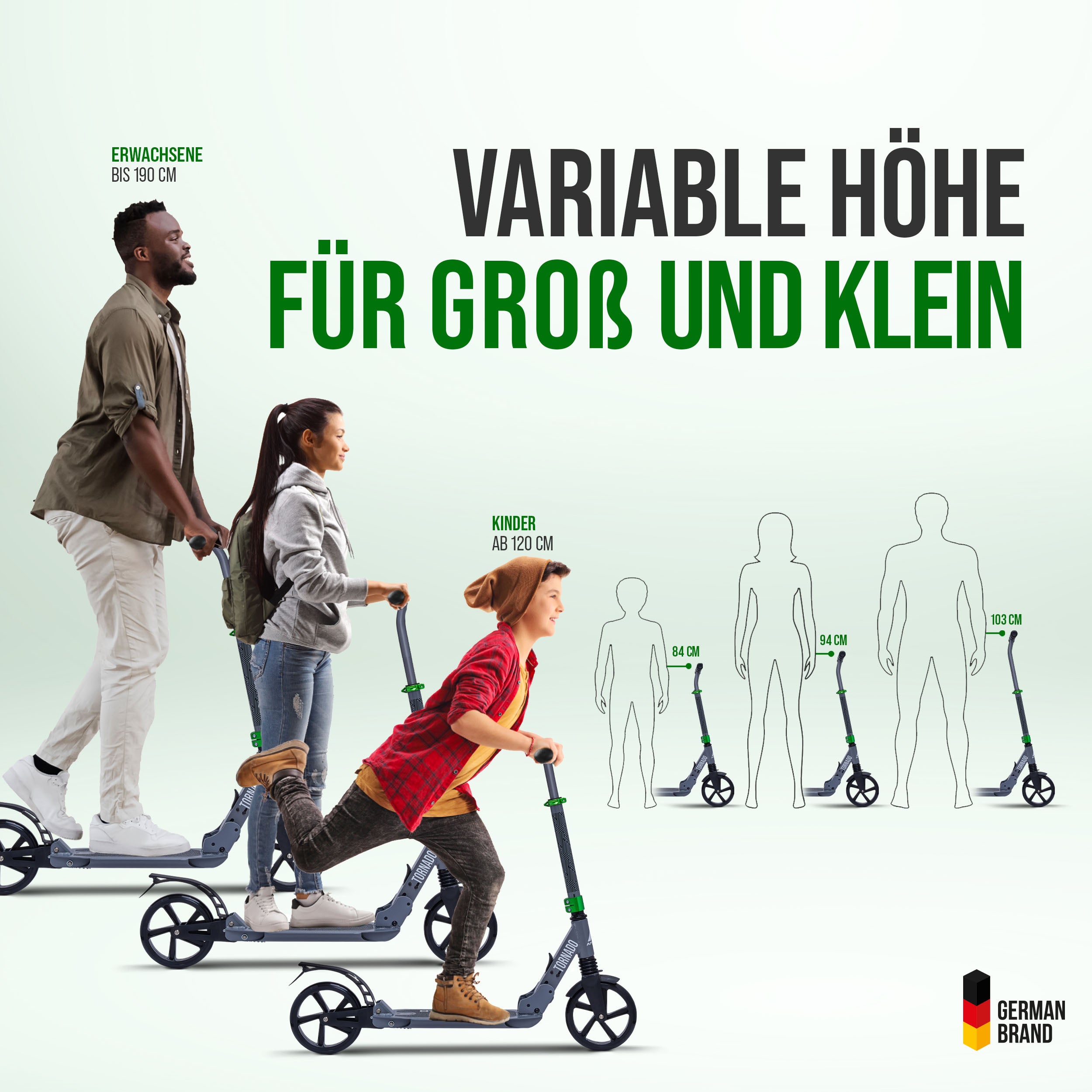 Apollo - High End Scooter Erwachsene - "Tornado 2.0" Cityroller Kinder ab 7 Jahre - Grau Grün