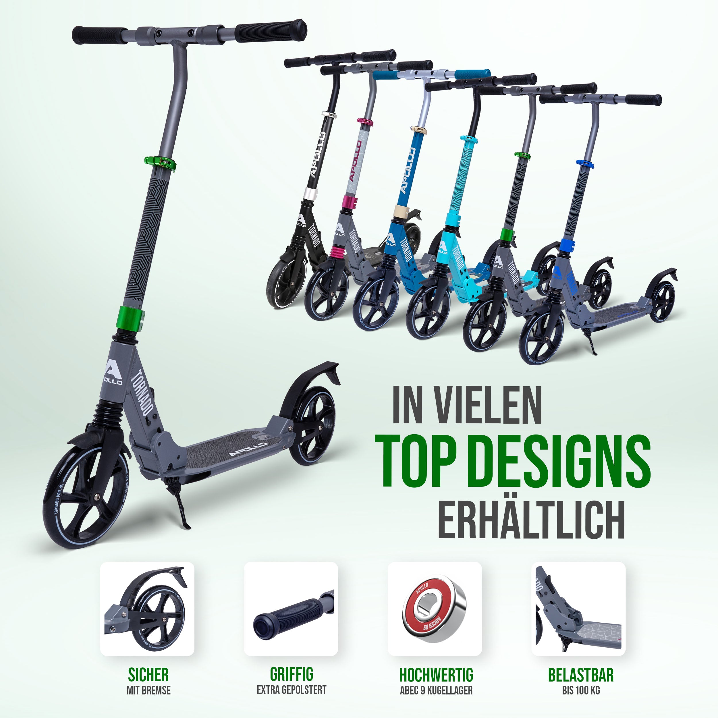 Apollo - High End Scooter Erwachsene - "Tornado 2.0" Cityroller Kinder ab 7 Jahre - Grau Grün