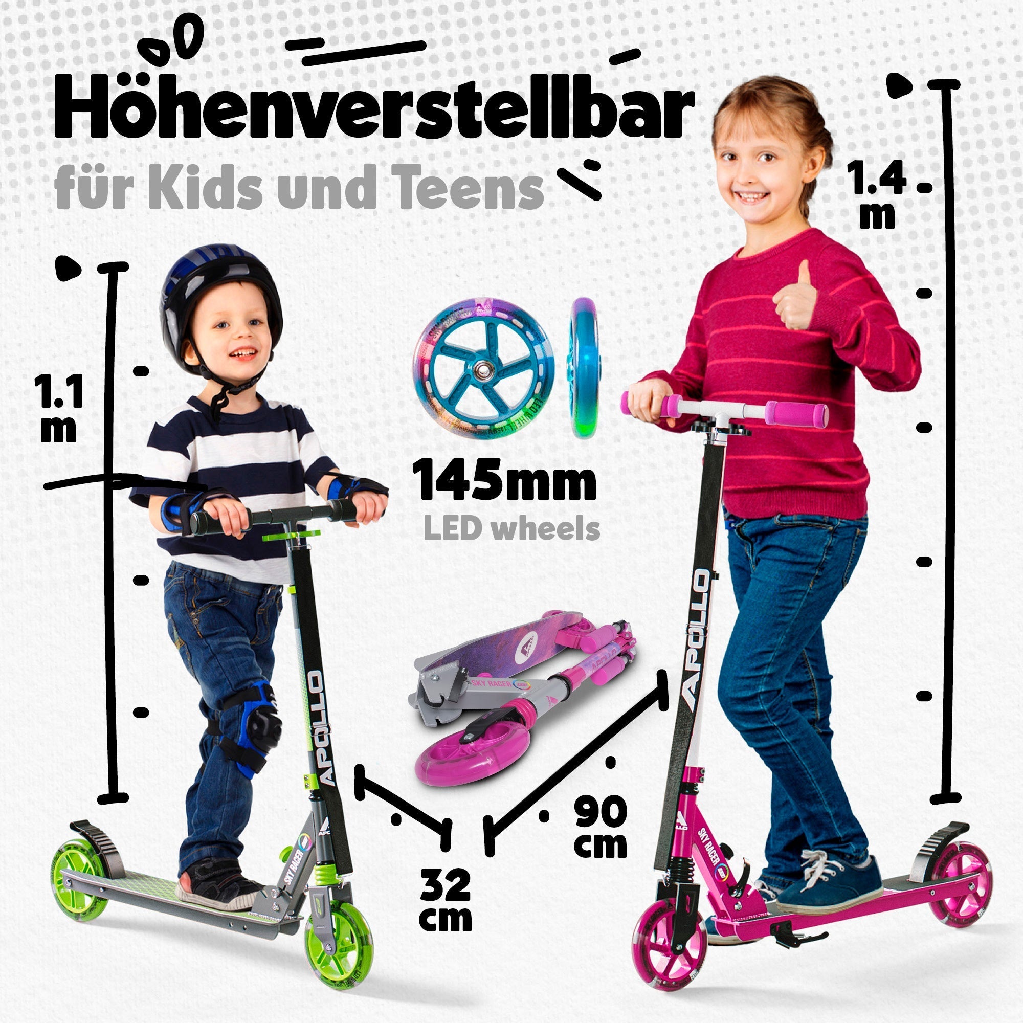 Apollo - 145mm City Scooter mit Federung "Skyracer" klappbar und höhenverstellbar - Starlight
