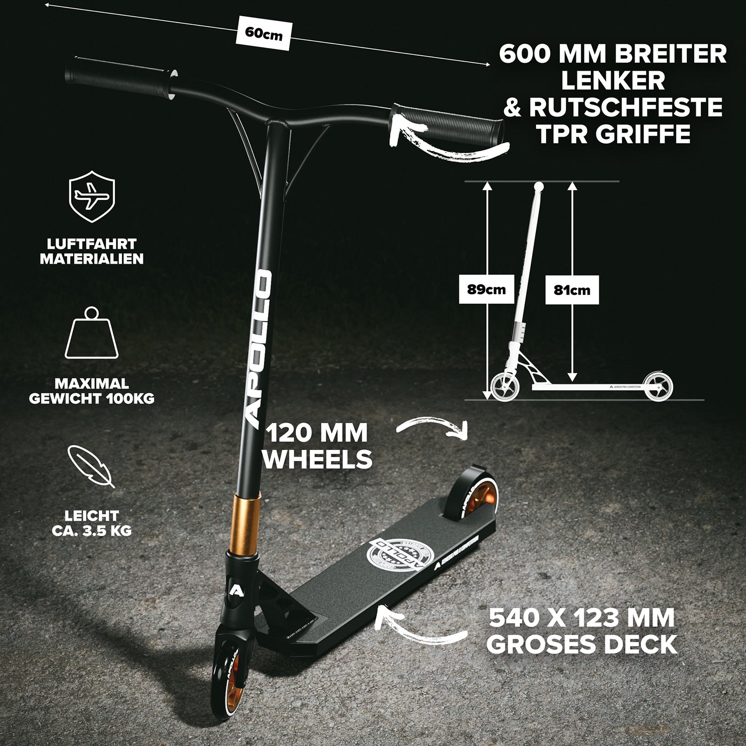 Apollo - High End Stunt Scooter - Genesis Pro X Competition mit ABEC 9 Kugellagern - Schwarz Gold