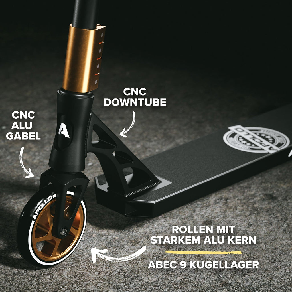 Apollo - High End Stunt Scooter - Genesis Pro X Competition mit ABEC 9 Kugellagern - Schwarz/Gold