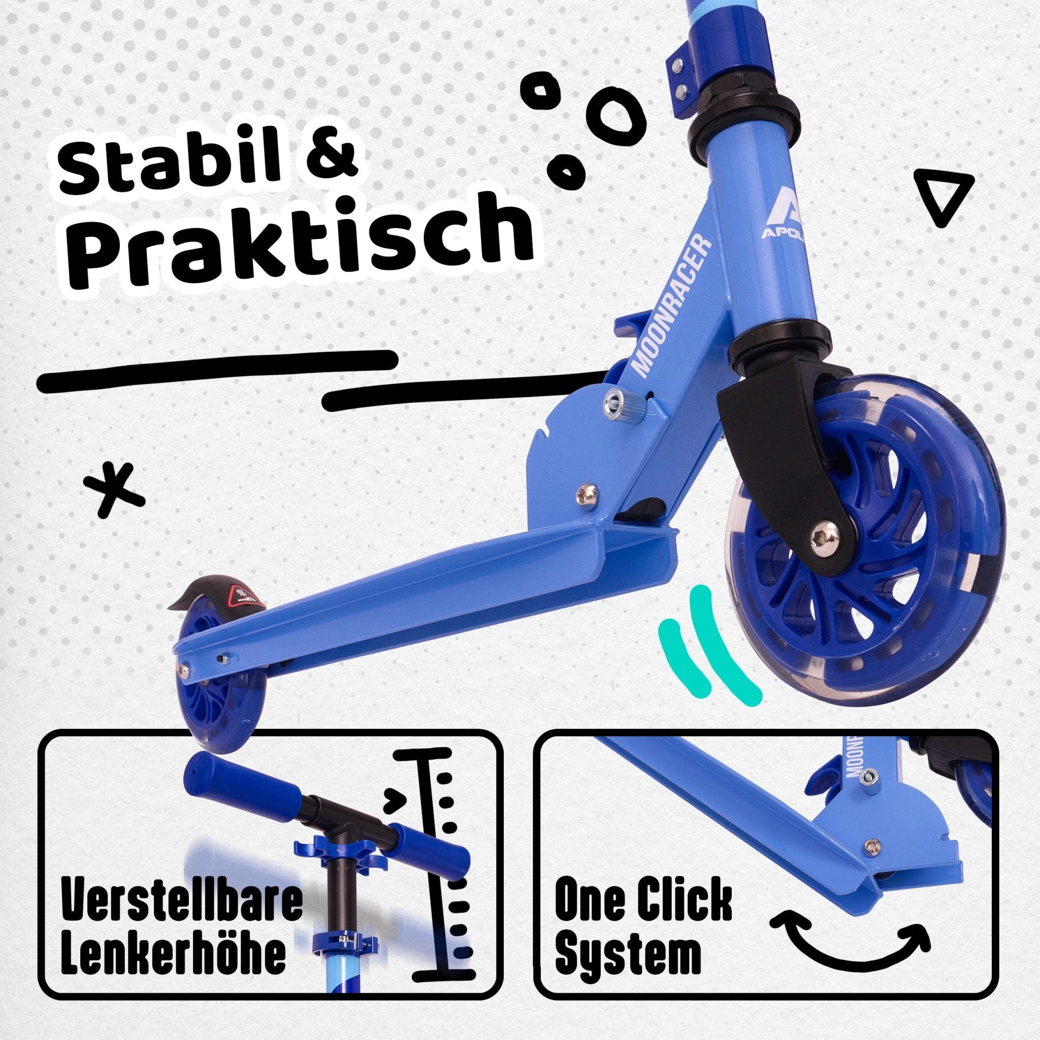 Apollo - Scooter LED - "Moonracer" City Scooter Kinder mit Federung - Blau