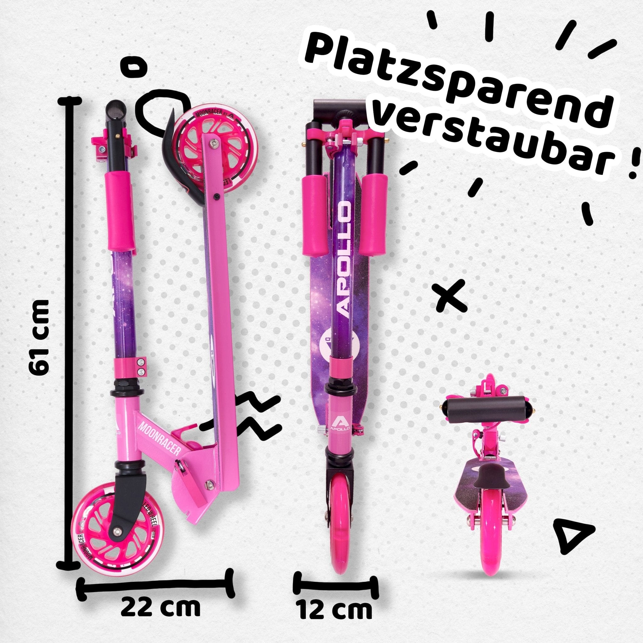 Apollo - Scooter LED - "Moonracer" City Scooter Kinder mit Federung - Stars