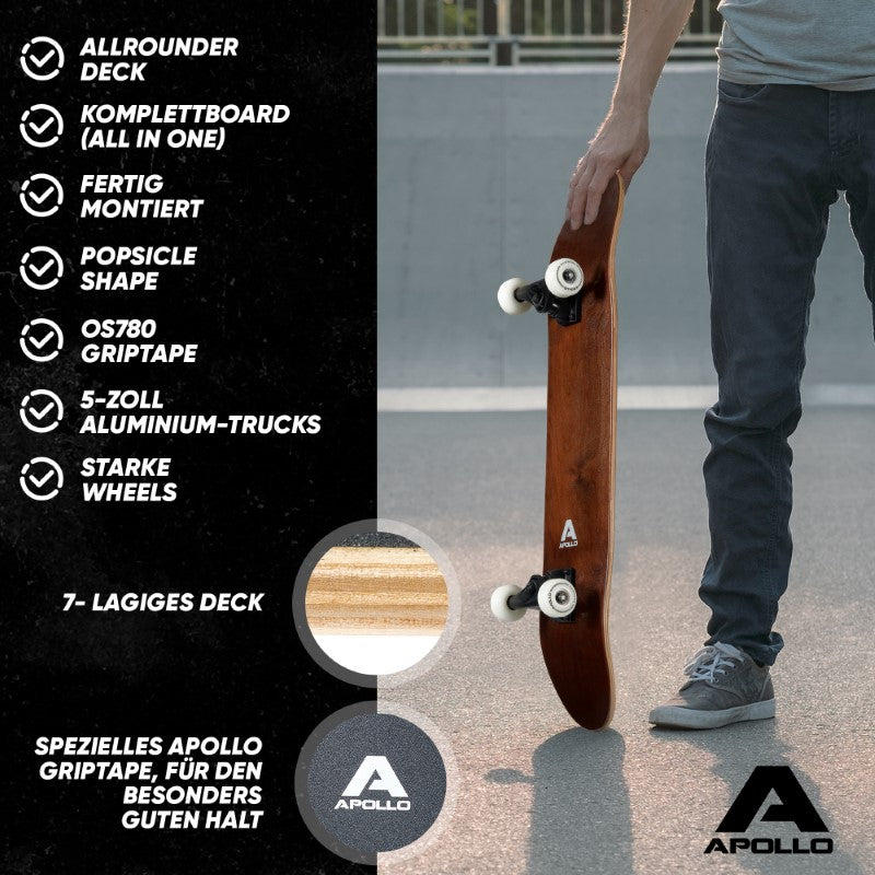 Apollo - Skateboard - Plain Wood - 7-lagiges Holz-Komplettboard mit ABEC 7 -