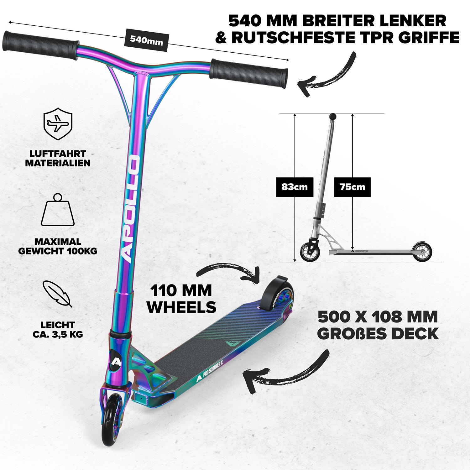 Apollo - High End Stunt Scooter - Genesis Pro X Stuntscooter mit ABEC 9 Kugellagern - Full Rainbow